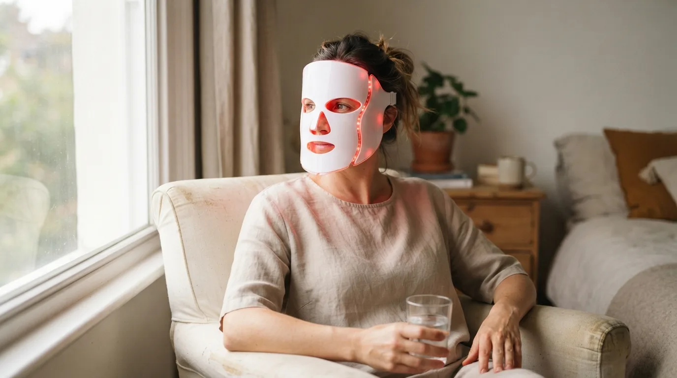 a woman using a LED face mask at home